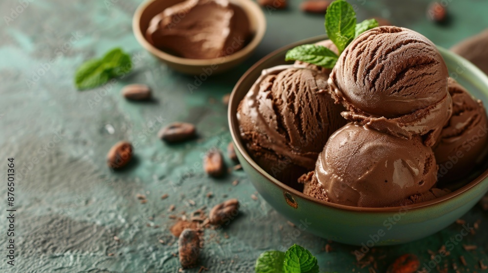 Indulgent chocolate ice cream in a bowl, surrounded by mint leaves and cocoa beans, set against a textured green background, creating a luxurious dessert scene Indulgent chocolate ice cream in a bowl, surrounded by mint leaves and cocoa beans, set against a textured green background, creating a luxurious dessert scene