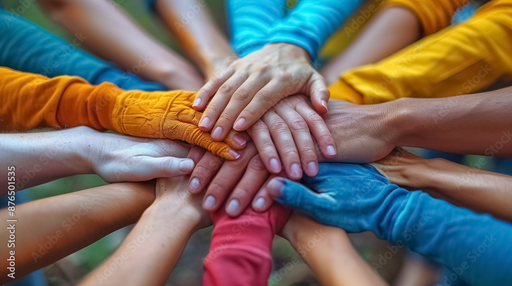 Close up of hands from different people on a team holding each other, showing unity and support with colorful t-shirts. Close up of hands from different people on a team holding each other, showing unity and support with colorful t-shirts.