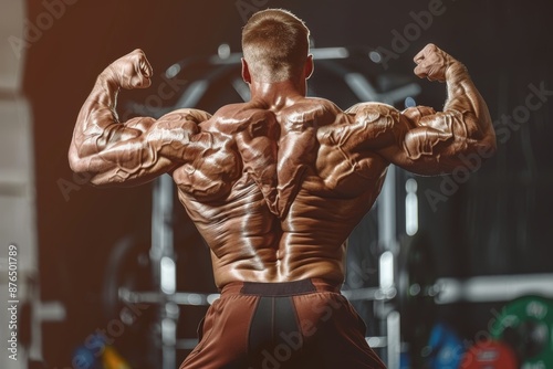 Bodybuilder athlete demonstrating back double biceps pose at bodybuilding contest