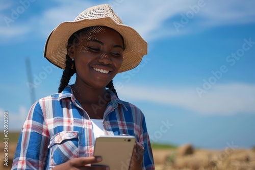 Agriculture, farm, and woman with phone, clipboard, and ecology research or eco-friendly agricultural notes. Black female, agronomist, or farmer analysis research plantation growth