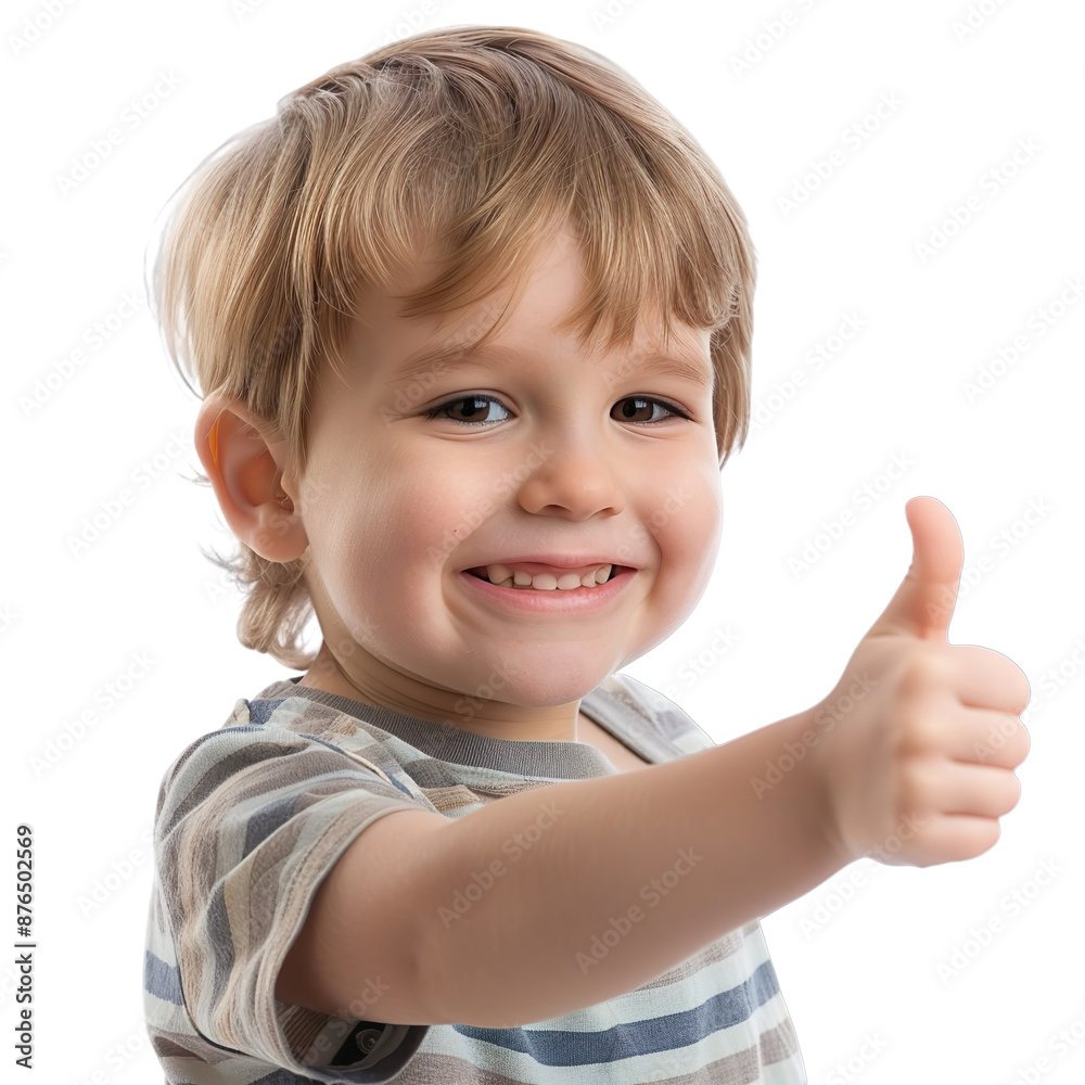 Cute child with a big smile giving a thumbs-up sign  on a white background.