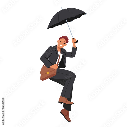 Cheerful Businessman Flying With An Umbrella, . Cartoon Male Character Dressed In A Suit And Carrying A Briefcase