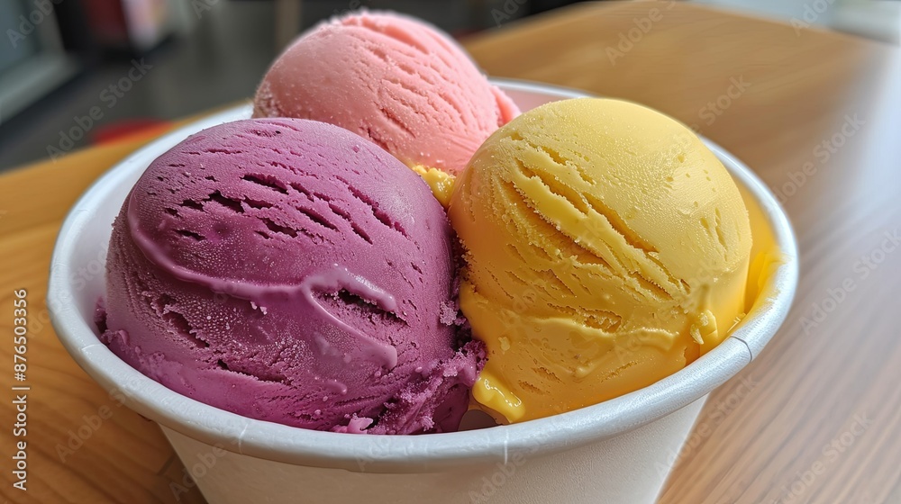 Colorful Protein Ice Cream Scoops in a White Carton Cup Colorful Protein Ice Cream Scoops in a White Carton Cup