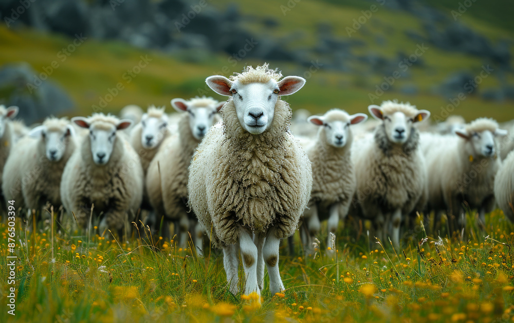 Fototapeta premium A herd of sheep are standing in a field of grass. One sheep is looking at the camera