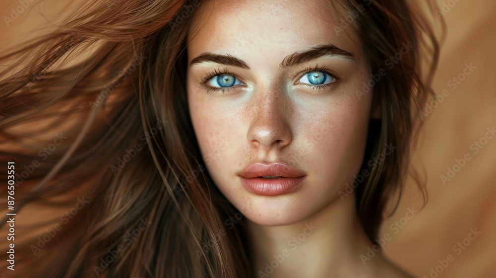 Brunette woman with hair and cosmetics in studio. Radiant glow skin and cosmetics for wellbeing, self-care, or face dermatological model closeup Brunette woman with hair and cosmetics in studio. Radiant glow skin and cosmetics for wellbeing, self-care, or face dermatological model closeup