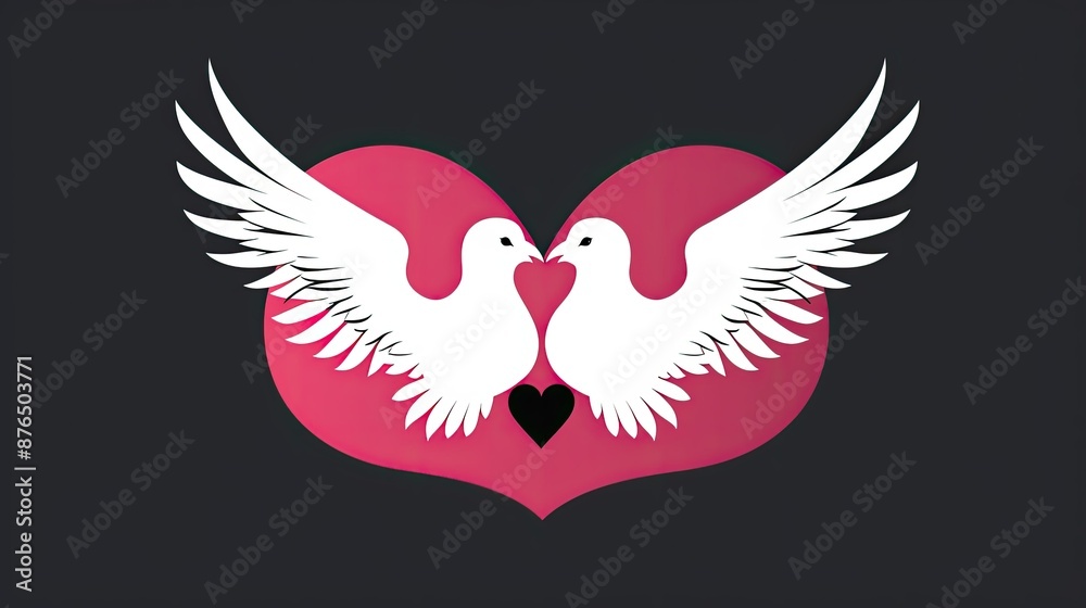 Fototapeta premium Two black and white doves carrying heart silhouette 