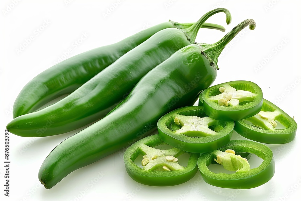 Three Green Chili Peppers and Slices Isolated on a White Background Three Green Chili Peppers and Slices Isolated on a White Background