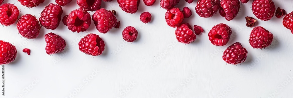 Fresh Red Raspberries Scattered on a White Background Fresh Red Raspberries Scattered on a White Background