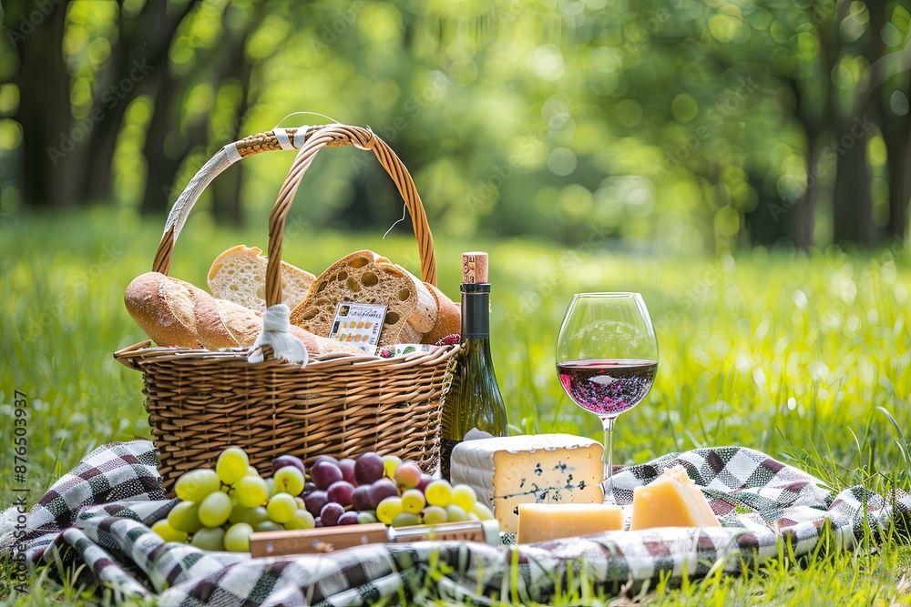 Summer Picnic With Wine, Cheese, and Bread in a Green Meadow Summer Picnic With Wine, Cheese, and Bread in a Green Meadow