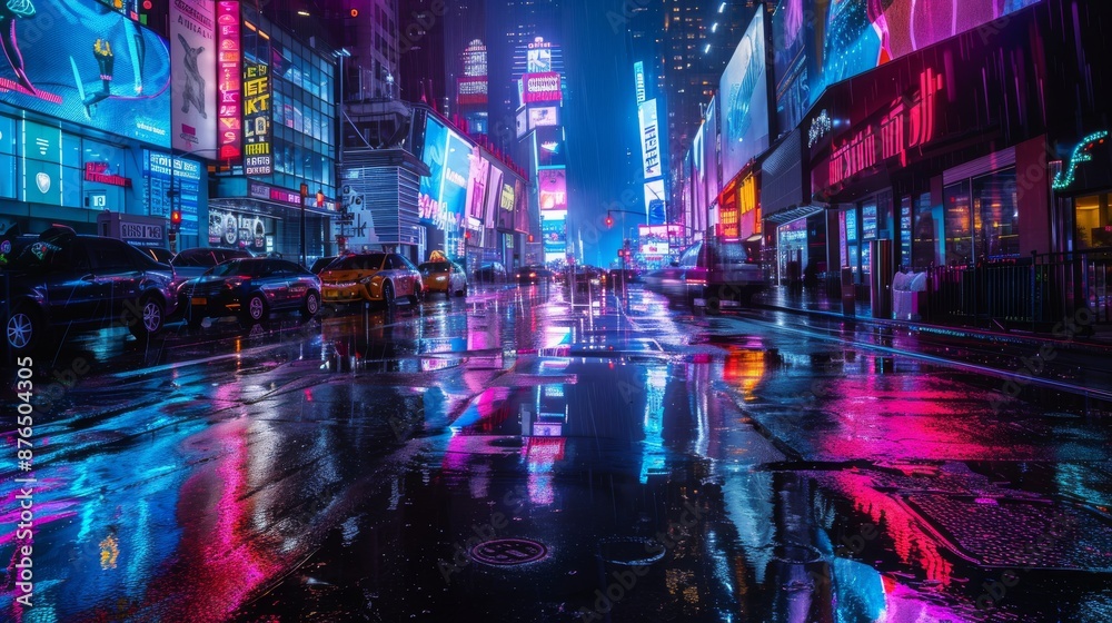 A night-time cityscape with neon lights reflecting on wet streets, creating a cyberpunk aesthetic A night-time cityscape with neon lights reflecting on wet streets, creating a cyberpunk aesthetic
