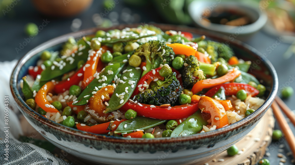A colorful vegetable stir-fry with broccoli, carrots, bell peppers, and snap peas, served over a bed of brown rice and sprinkled with sesame seeds. Generative AI. A colorful vegetable stir-fry with broccoli, carrots, bell peppers, and snap peas, served over a bed of brown rice and sprinkled with sesame seeds. Generative AI.