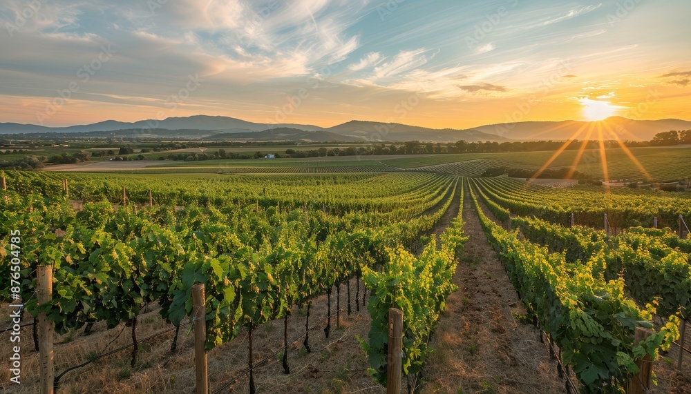Fototapeta premium Wide-Angle Vineyard Scene: Capturing the Serenity of a Sunset Over a Vineyard