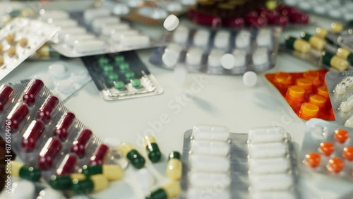 Therapeutic Slow Motion Footage of Pills Falling on Medicine Bottles and Packaging - Concept of Prescription Medication, Doctor's Orders, and Pharmacy Products. High quality 4k footage