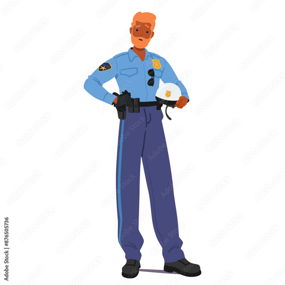 Cartoon Police Officer Standing Confidently In Uniform, Holding His Police Hat. Vector Image Evokes Feelings Of Law Cartoon Police Officer Standing Confidently In Uniform, Holding His Police Hat. Vector Image Evokes Feelings Of Law