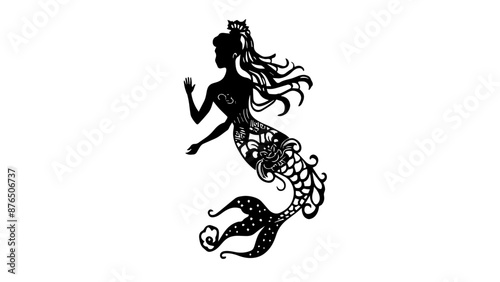 Black and white silhouette of a mermaid for a shadow puppet theatre. 