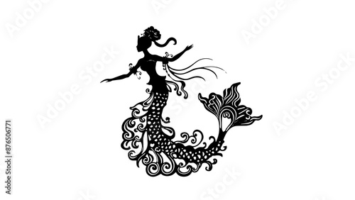 Black and white silhouette of a mermaid for a shadow puppet theatre. 