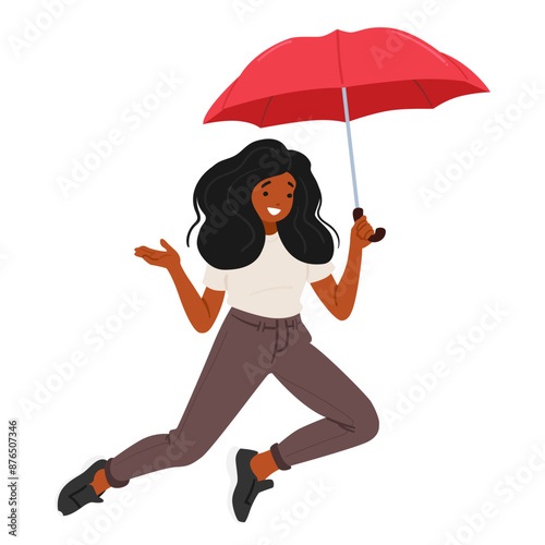 Happy Cartoon Woman Character Leaping In The Air While Holding A Red Umbrella. Vector Image Conveys A Sense Of Joy