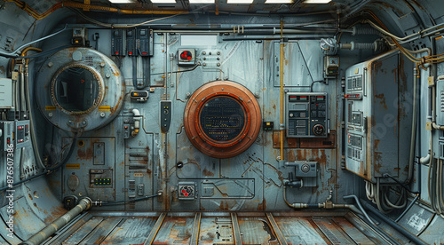 Fototapeta Naklejka Na Ścianę i Meble -  A dilapidated space ship airlock door, a keypad to the right, small indicator lights scattered around, conduit and pipes run along the walls, many access panels on most surfaces. Generative AI.