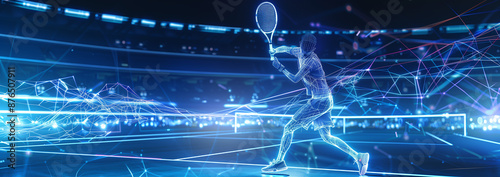 A digital male tennis player in a high-tech virtual environment creating a futuristic and dynamic sports scene..
