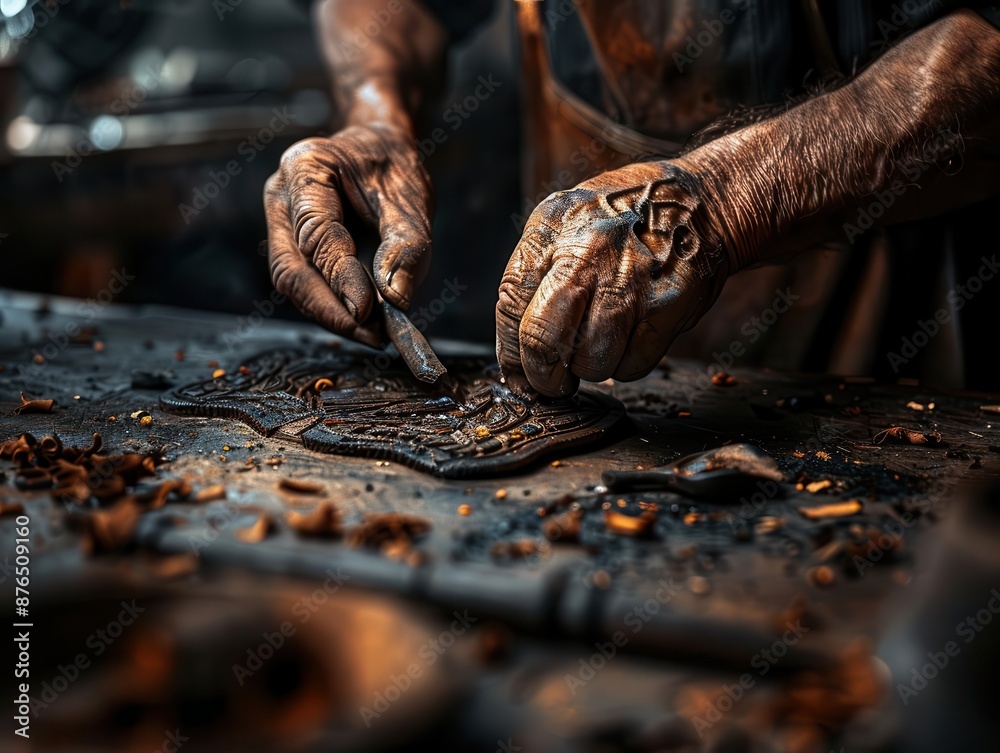 Fototapeta premium Artisans in their workshop, hands crafting with ageold skills, the essence of true craftsmanship