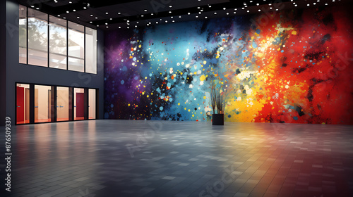 Large empty room with colorful abstract painting on the wall