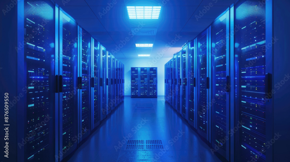Fototapeta premium Rows of server racks with blue lights in a modern data center