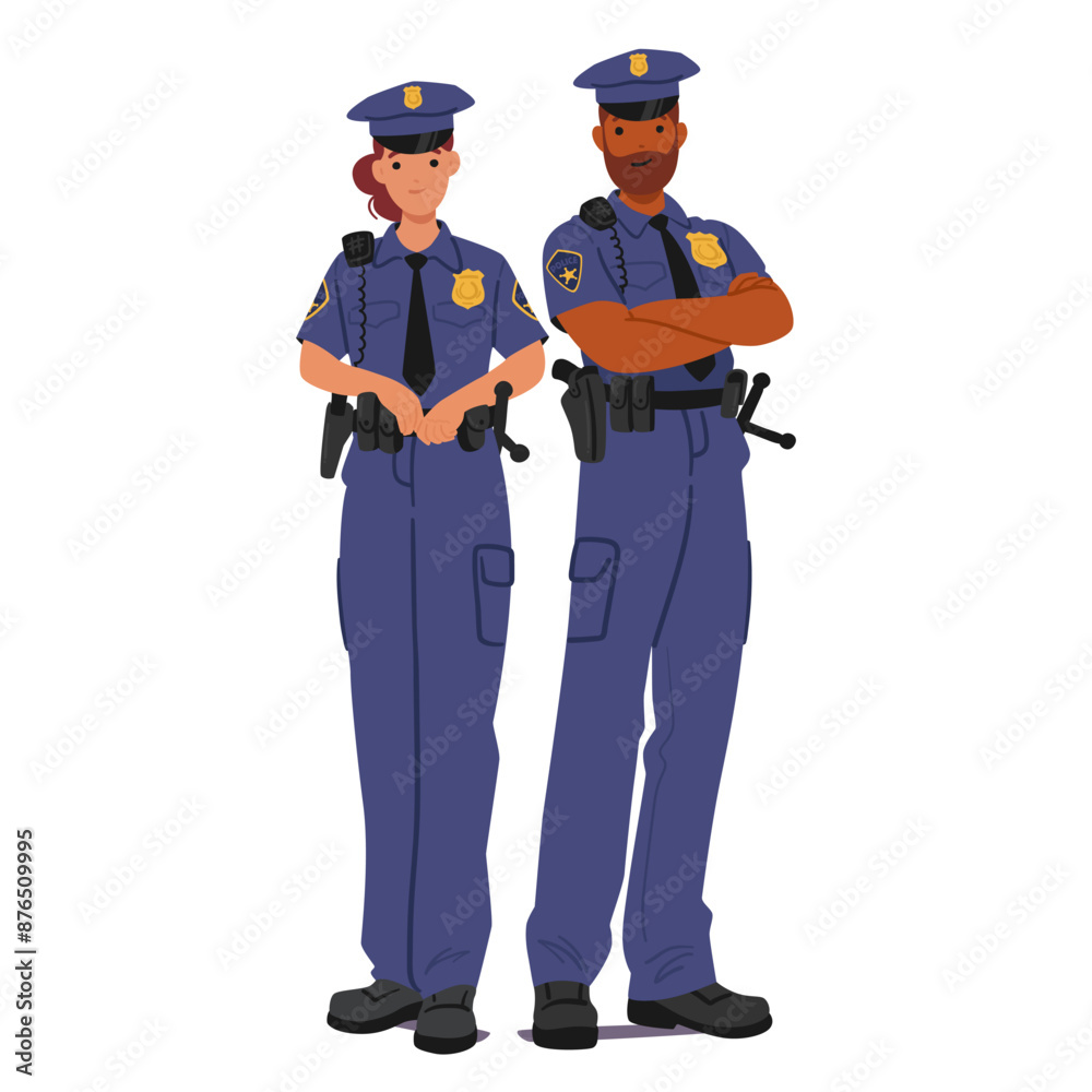 Male And Female Police Officers In Uniform, Standing With Confidence Depict Teamwork, Authority, Professionalism In Law Male And Female Police Officers In Uniform, Standing With Confidence Depict Teamwork, Authority, Professionalism In Law