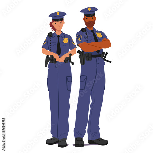 Male And Female Police Officers In Uniform, Standing With Confidence Depict Teamwork, Authority, Professionalism In Law