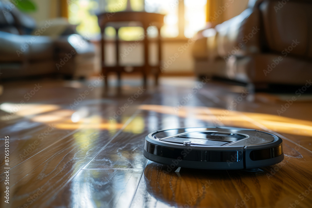 Robot vacuum cleaner operating on a shiny wooden floor in a modern living room Robot vacuum cleaner operating on a shiny wooden floor in a modern living room