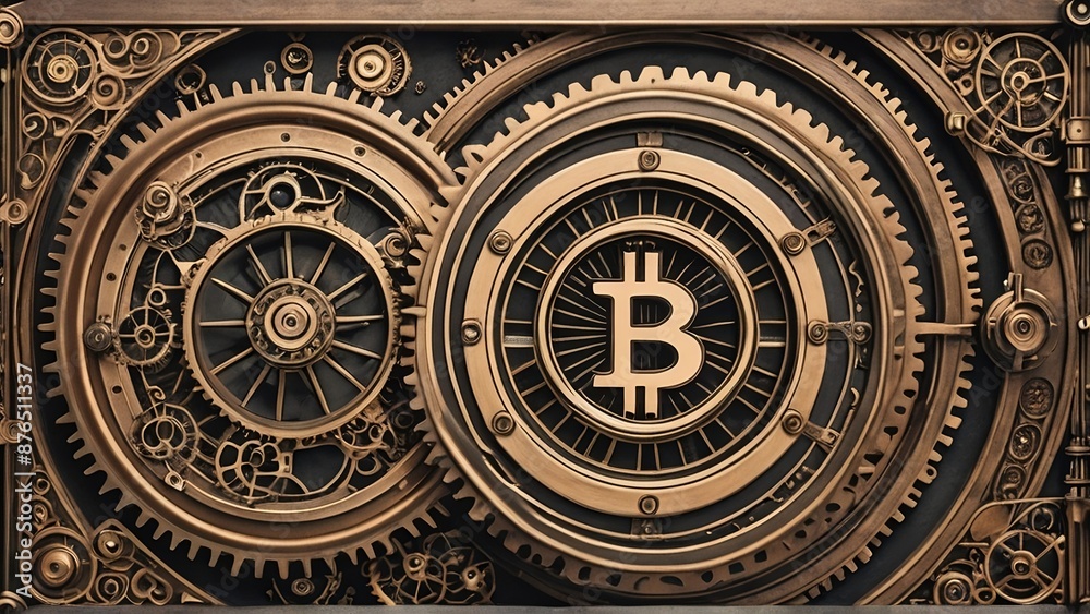 The image features a steampunk aesthetic with intricate bronze gears and a prominent Bitcoin symbol. The detailed mechanical design represents the fusion of traditional engineering and modern crypto. The image features a steampunk aesthetic with intricate bronze gears and a prominent Bitcoin symbol. The detailed mechanical design represents the fusion of traditional engineering and modern crypto.