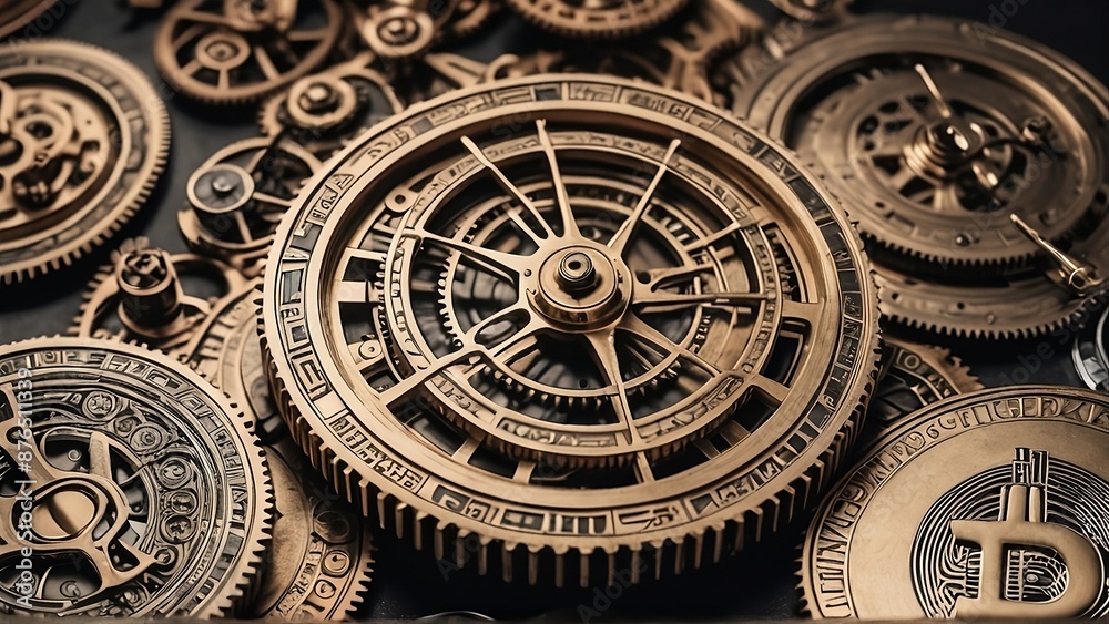 The image shows a steampunk design with intricate bronze gears and a prominent Bitcoin symbol, symbolizing the fusion of mechanical engineering and digital currency. The detailed gears and inscription The image shows a steampunk design with intricate bronze gears and a prominent Bitcoin symbol, symbolizing the fusion of mechanical engineering and digital currency. The detailed gears and inscription