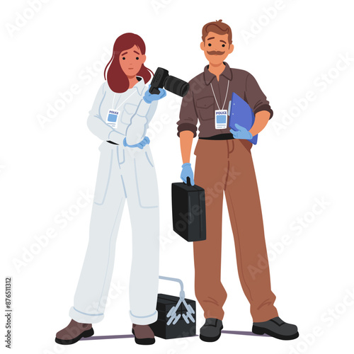 Two Police Officers At A Crime Scene. One Officer Is In A White Forensic Suit Holding A Camera And Other Holding A File