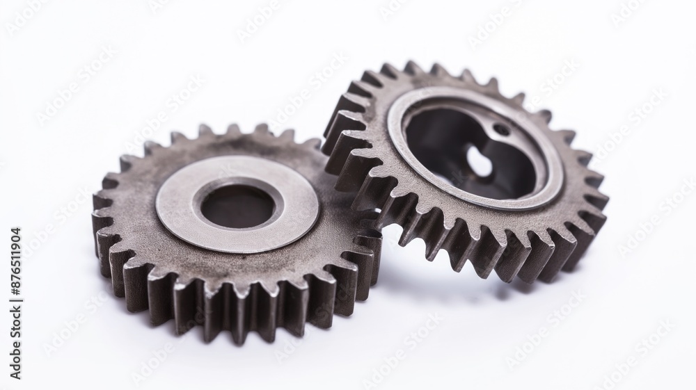 Closeup of two metal gears with teeth, isolated on white background. Concept of mechanical industry, innovation, and technology in manufacturing. Closeup of two metal gears with teeth, isolated on white background. Concept of mechanical industry, innovation, and technology in manufacturing.