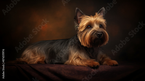 Studio portrait of a Cairn Terrier, a small breed of dog with a distinctive wiry coat, lying on a brown cloth against a dark background