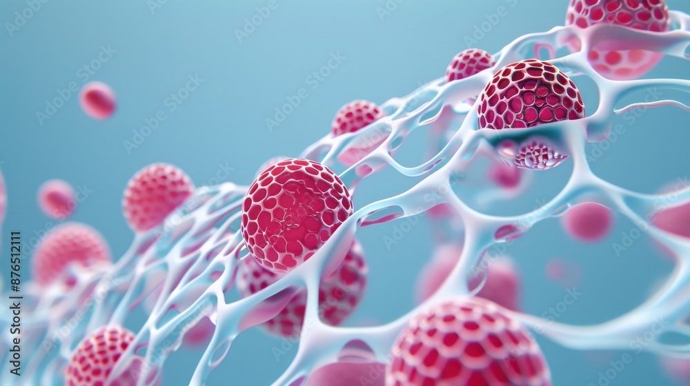 3D rendering of abstract biological structure with red cells and intricate white mesh against a blue background. 3D rendering of abstract biological structure with red cells and intricate white mesh against a blue background.