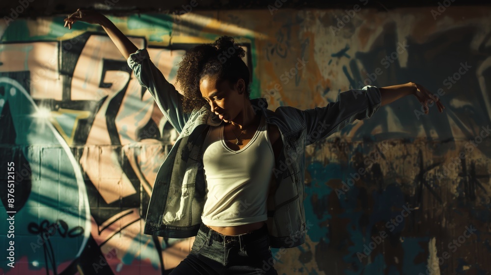 Fototapeta premium Elegant and Graceful Female Dancer Captivating the Audience with Her Contemporary Dance Performance Against a Vibrant Graffiti Wall in an Urban Setting.