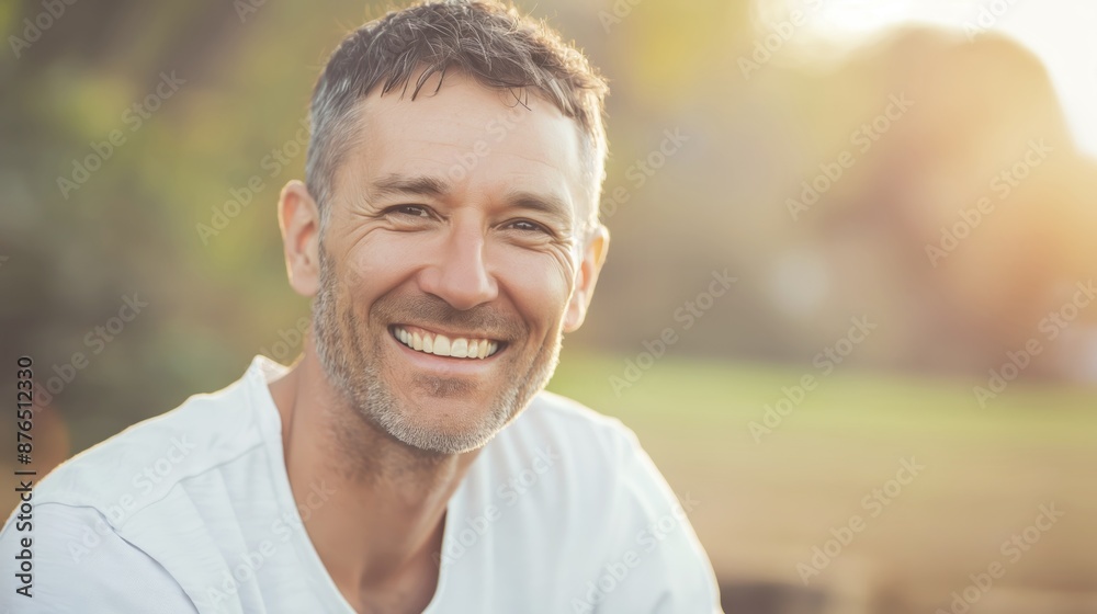 Closeup portrait of a smiling caucasian man with short gray hair wearing a white shirt standing outdoors in a park with a blurred background Closeup portrait of a smiling caucasian man with short gray hair wearing a white shirt standing outdoors in a park with a blurred background