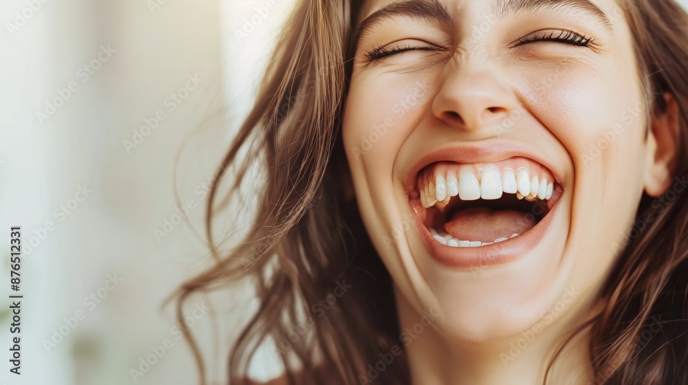 Portrait of a happy and carefree young woman with beautiful long brown hair, a captivating smile showcasing her pearly white teeth, exuding warmth and joy Portrait of a happy and carefree young woman with beautiful long brown hair, a captivating smile showcasing her pearly white teeth, exuding warmth and joy