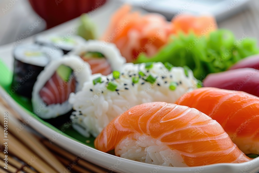 A close-up of delicious sushi assortment with salmon nigiri, sushi rolls, and fresh garnishes, perfect for Japanese cuisine lovers. A close-up of delicious sushi assortment with salmon nigiri, sushi rolls, and fresh garnishes, perfect for Japanese cuisine lovers.