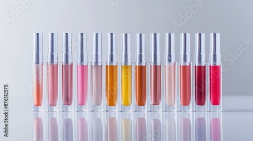 A collection of vibrant lip glosses in various shades lined up in a row. Perfect for makeup and beauty product promotions.