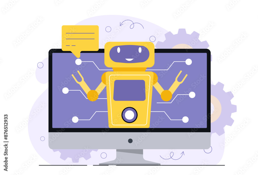 Bot at computer. Virtual assistant in chat. Artificial intelligence and machine learning. Answers to frequently asked questions. Flat vector illustration isolated on white background Bot at computer. Virtual assistant in chat. Artificial intelligence and machine learning. Answers to frequently asked questions. Flat vector illustration isolated on white background