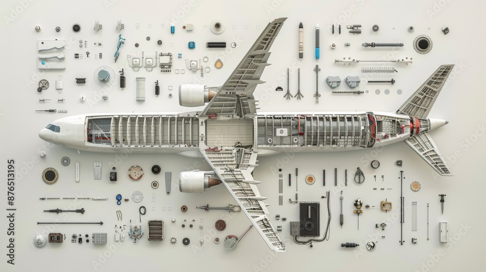 Exploded View: An exploded view of an airplane mockup, with various ...