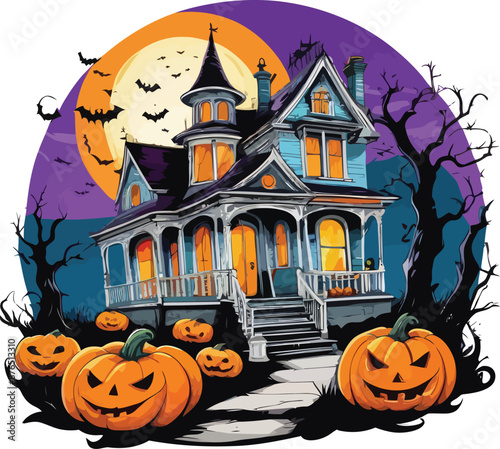 Scary Halloween Spooky House with pumpkins and flying bats at Haunted Night Vector & illustration