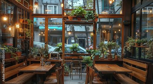 Fototapeta Naklejka Na Ścianę i Meble -  Modern small restaurant, located on the city streets, with wooden windows on the indoor windowsill and light strips below, green plants and potted plants in the corners. Generative AI.