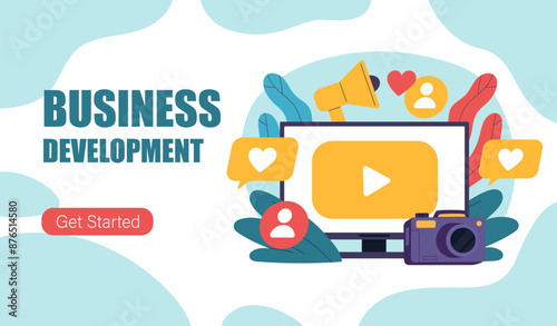 Business development banner. Camera near computer with reactions. Promotion in social networks and instant messengers. Marketing on internet. Landing webpage design. Flat vector illustration