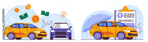 Car accident concept. Yellow and blue cars collide on road. Car insurance for driver, financial deal. Damage to vehicle, accident. Flat vector illustration isolated on white background