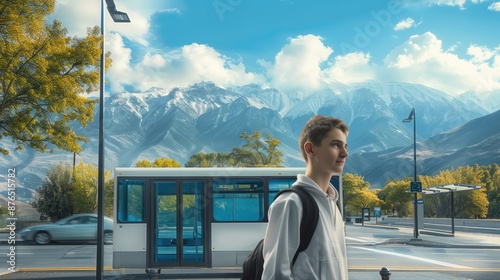 A young man standing at the side of an electric bus stop, In the background there are mountains and car. Generative AI. photo