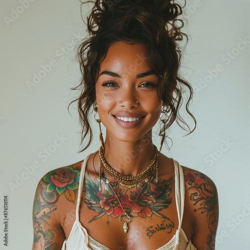 Young Hispanic Female Influencer in Her 20s with Trendy Tattoos and Radiant Smile