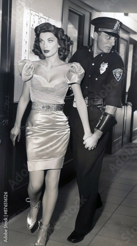 Glamorous Woman in Satin Dress Arrested by Policeman in Vintage Scene