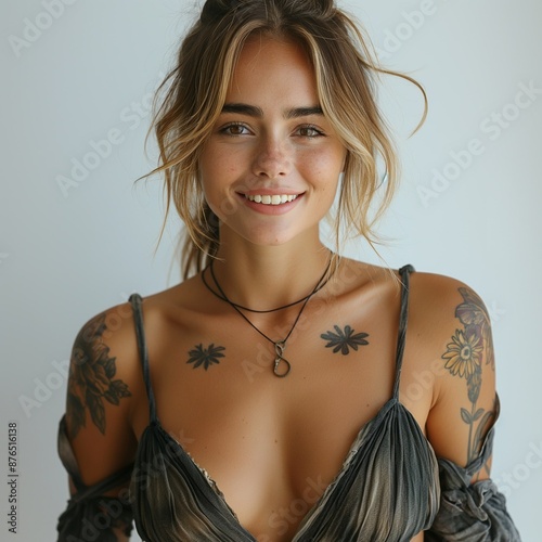 Young Caucasian Female Influencer in Her 20s with Trendy Tattoos and Natural Beauty